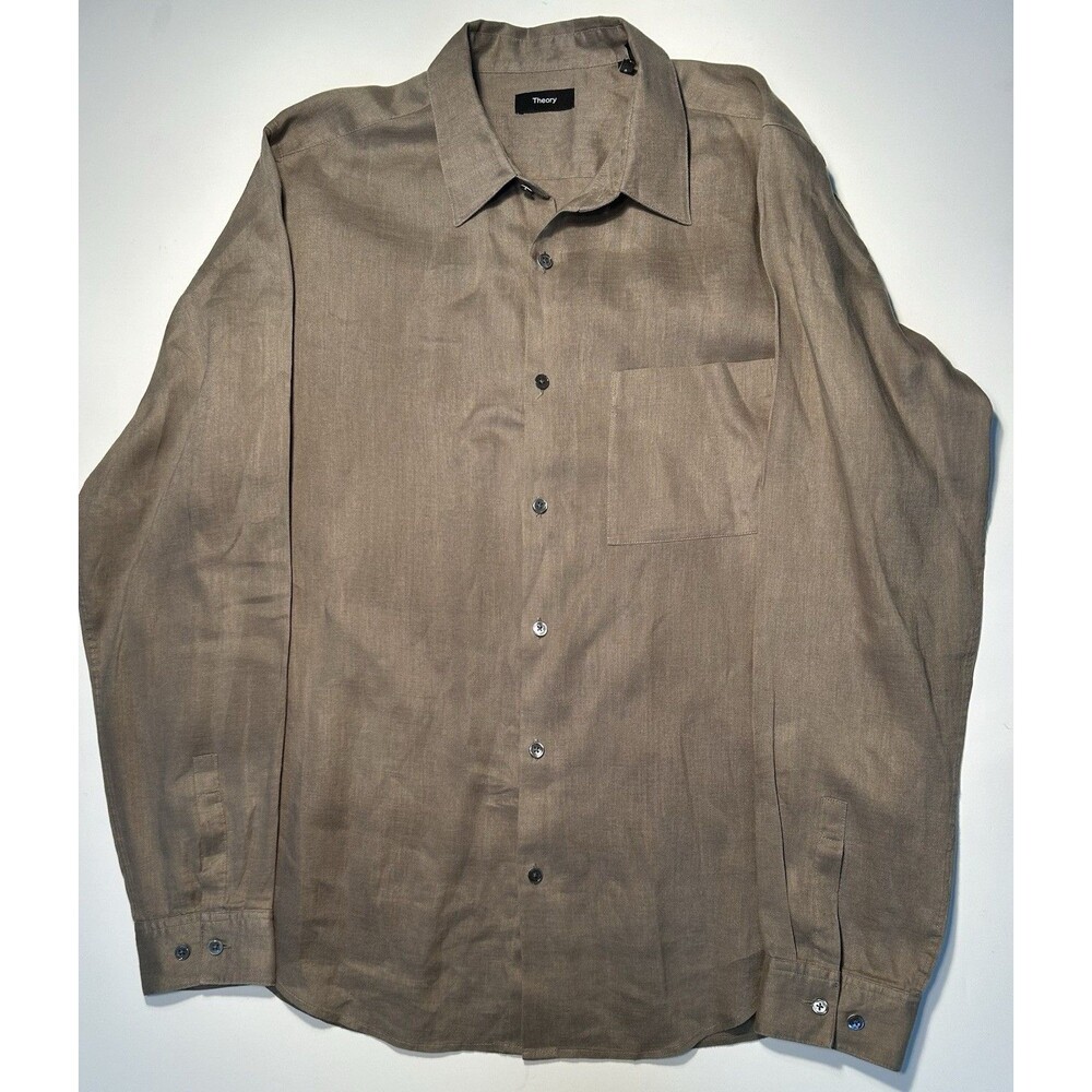 Theory Men’s 100% Linen Taupe Brown Long Sleeve Dress Shirt Size L Large 16.5/35